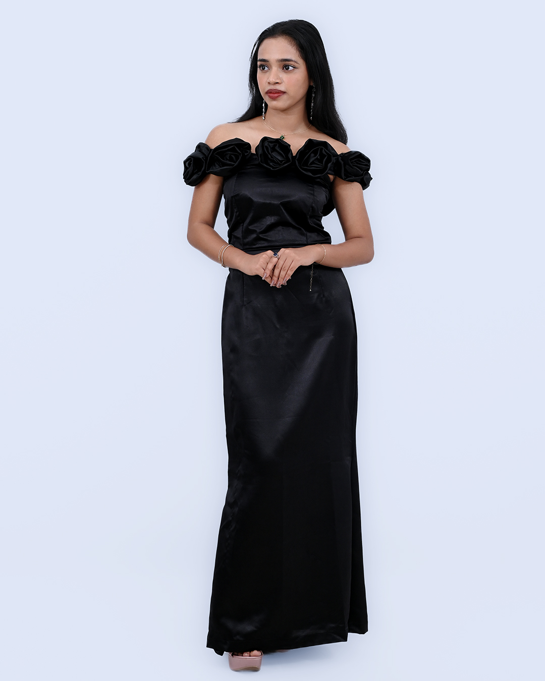 Women's Black Satin Off-Shoulder Gown  Rose Neckline