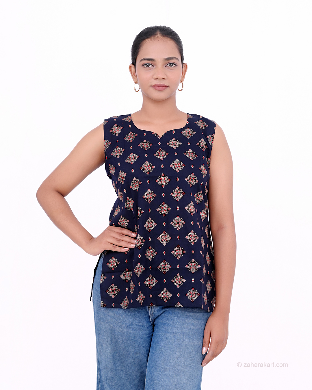 Navy Blue Printed Sleeveless Top