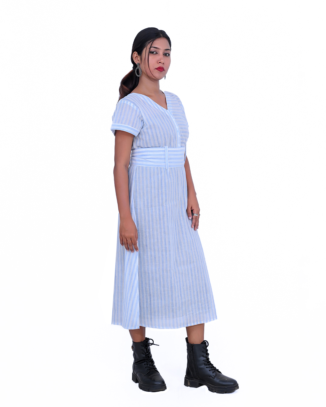 Blue and White Striped  A-Line Midi