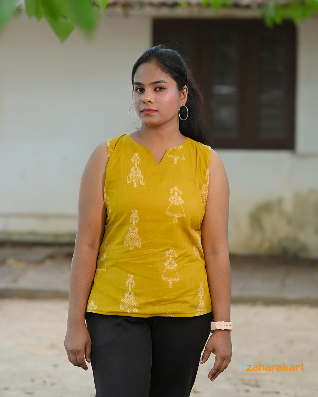 Mustard Folk Art Sleeveless Top