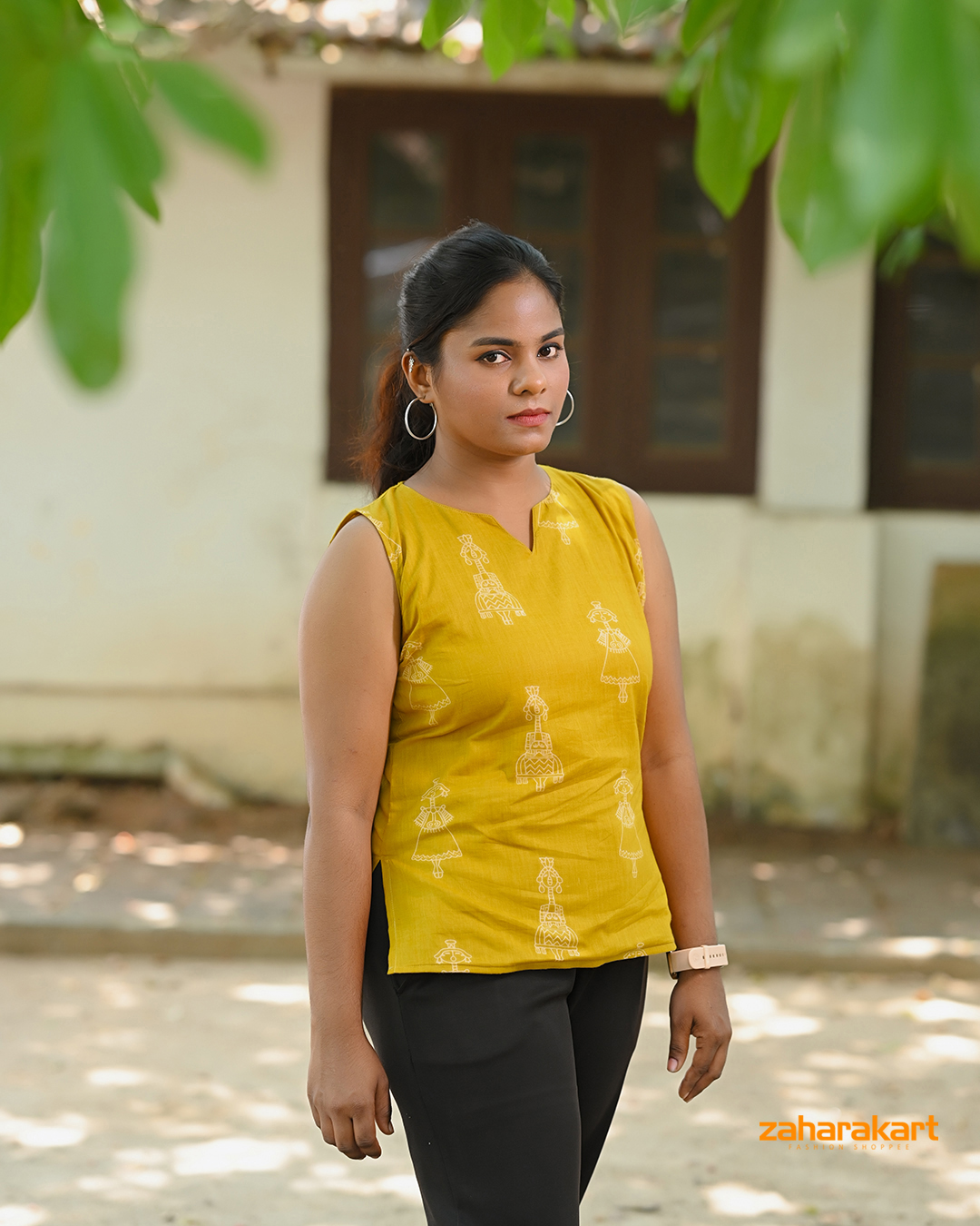 Mustard Folk Art Sleeveless Top