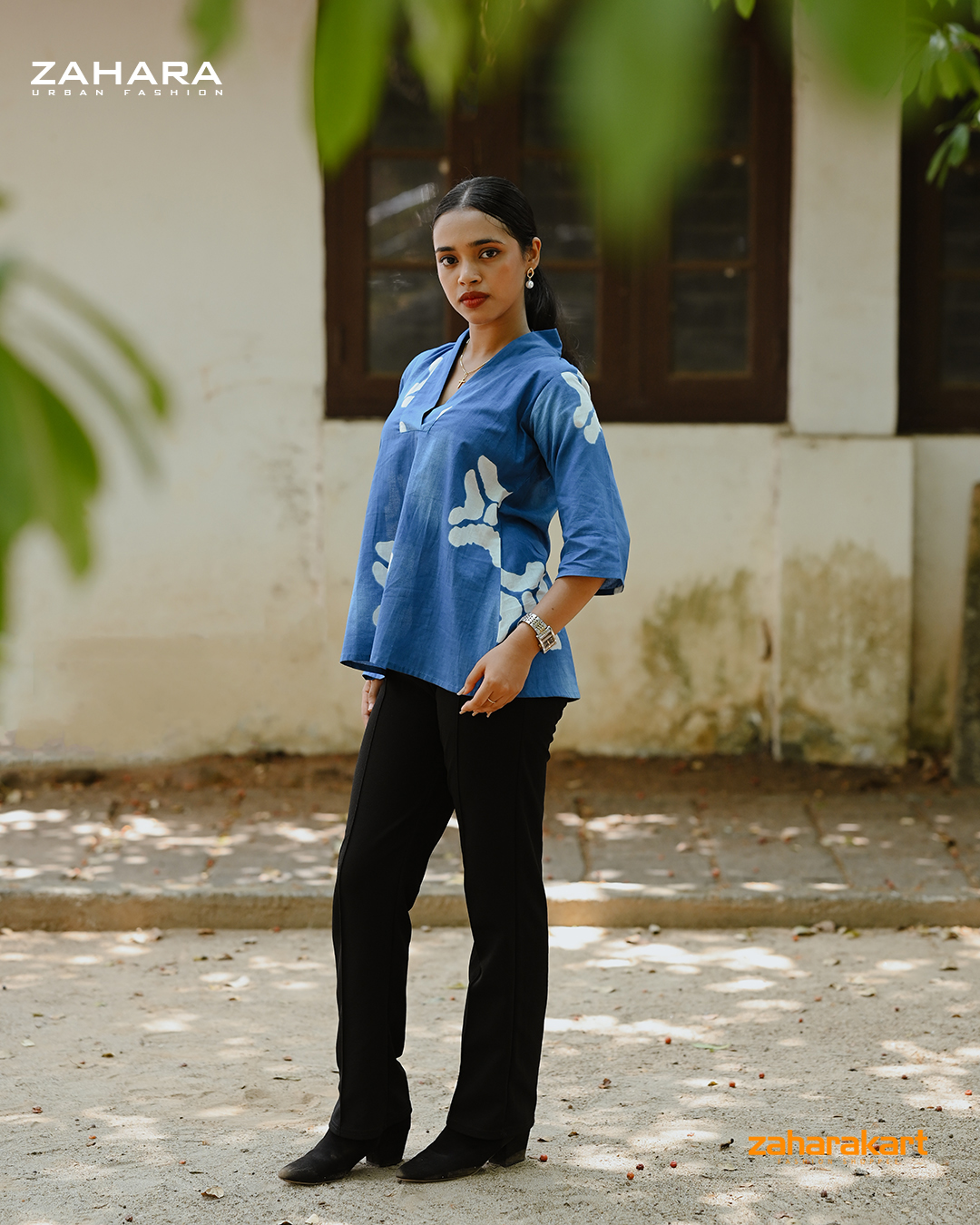 Blue and White Printed Short   Top