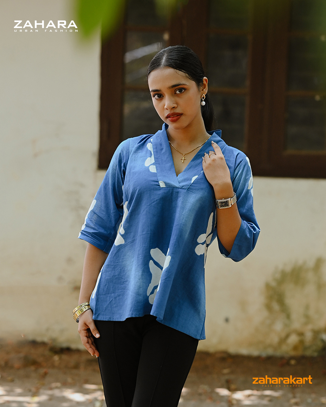 Blue and White Printed Short   Top