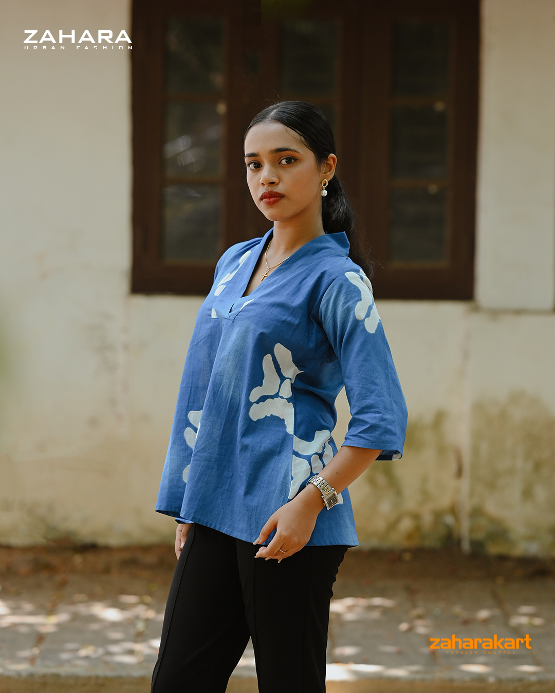 Blue and White Printed Short   Top