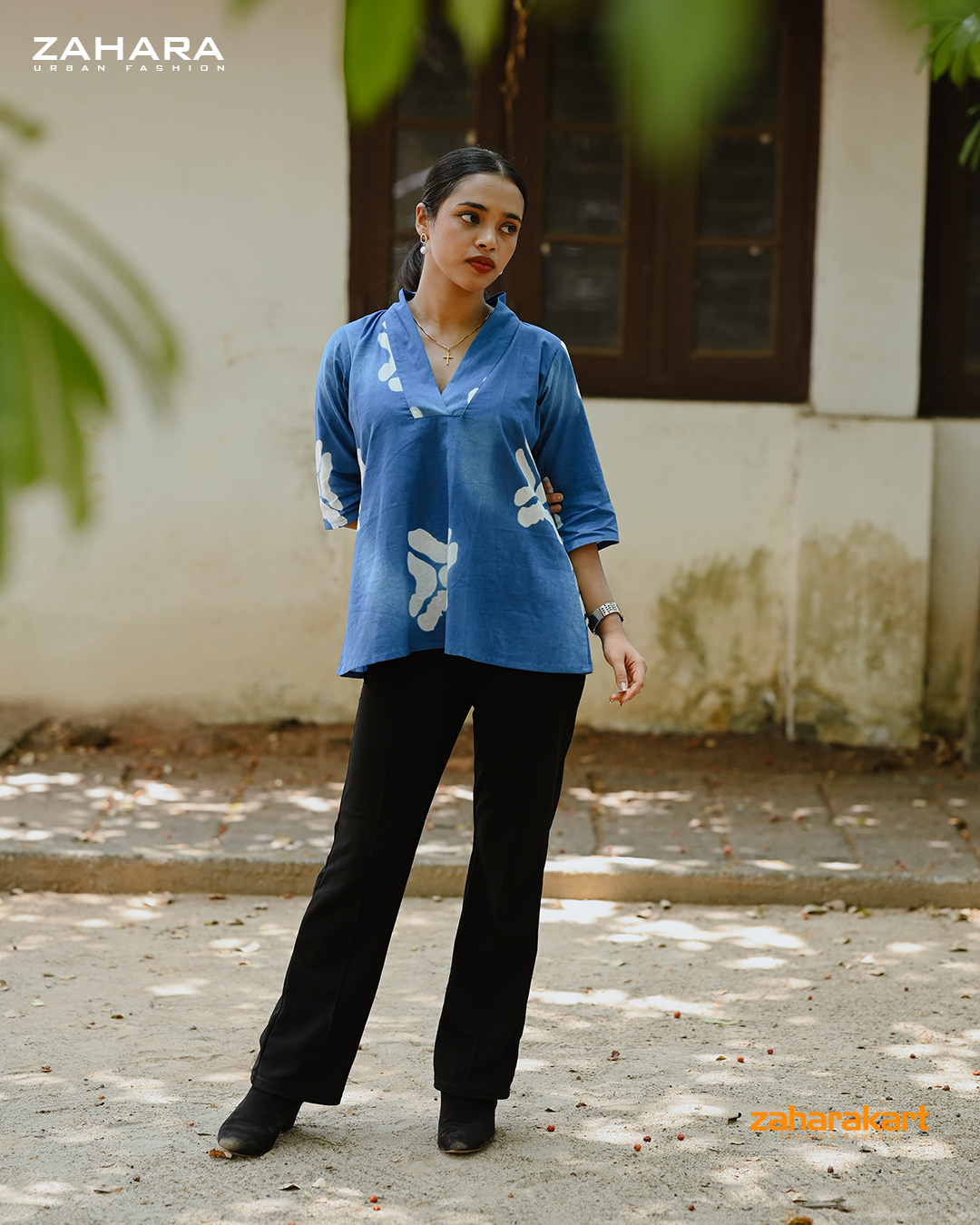 Blue and White Printed Short   Top