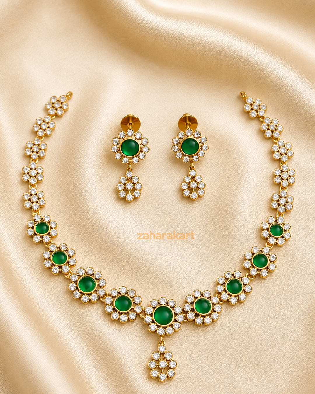 Diya Necklace Set – Emerald Green Stone & Matte Gold Finish