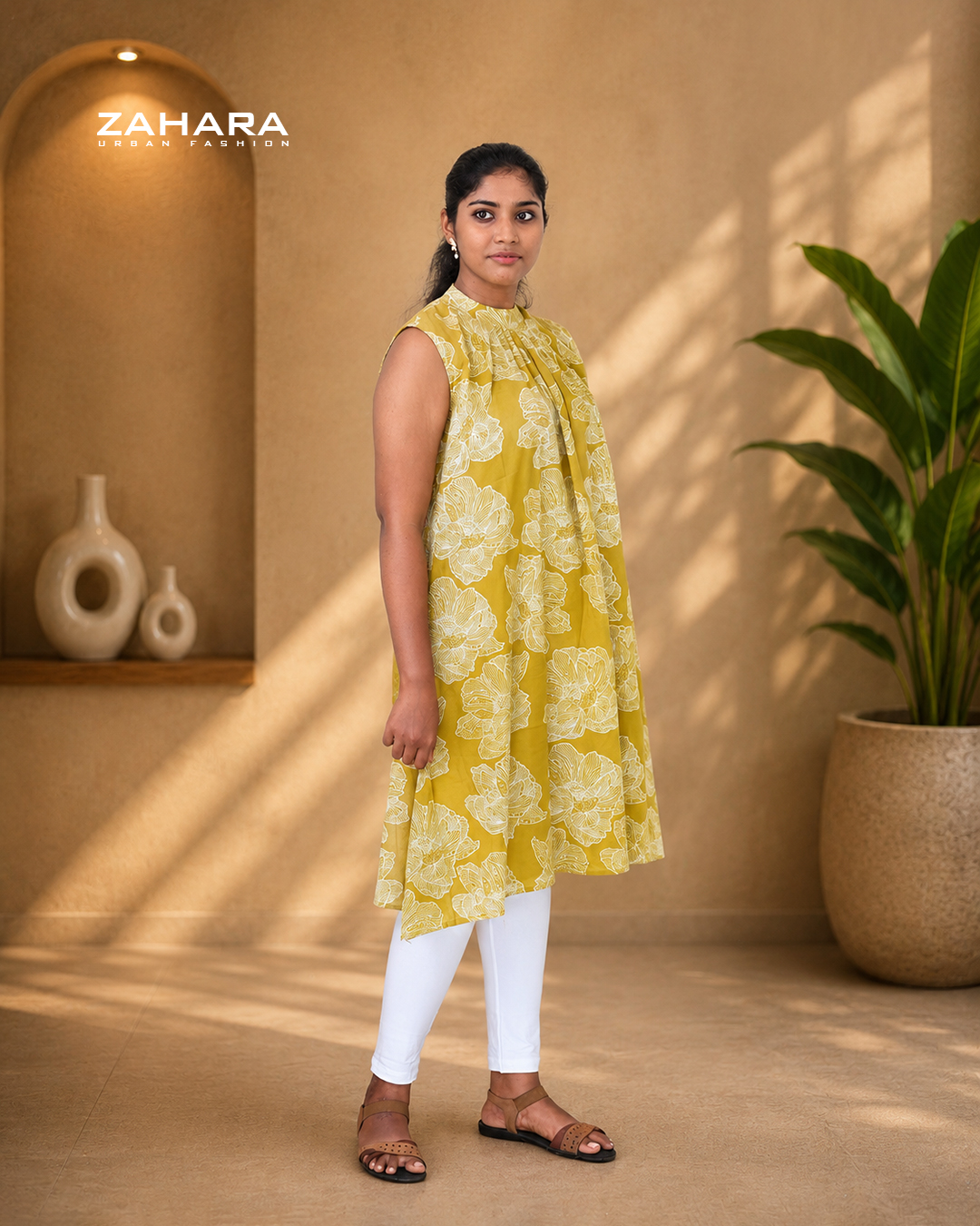 Mustard Bloom Cotton A-Line Kurti