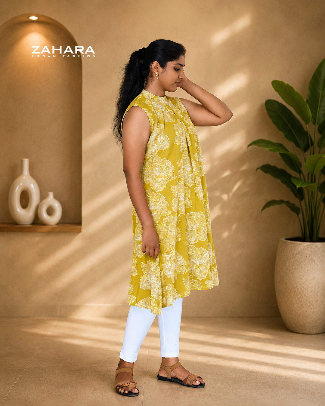 Mustard Bloom Cotton A-Line Kurti