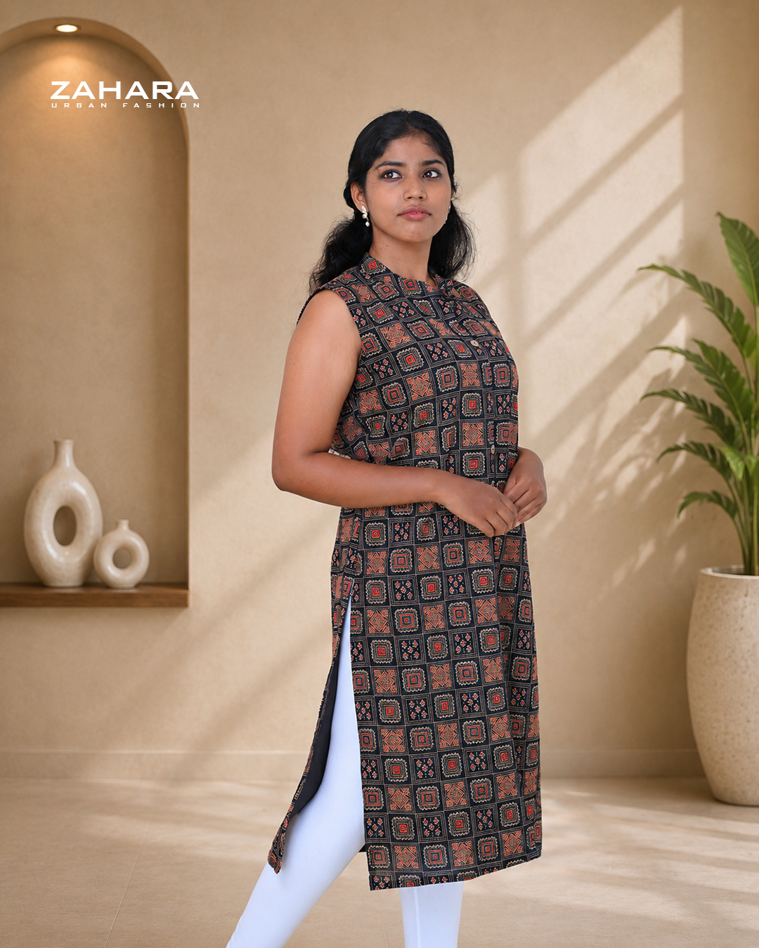 Midnight Mosaic Cotton A-Line Kurti