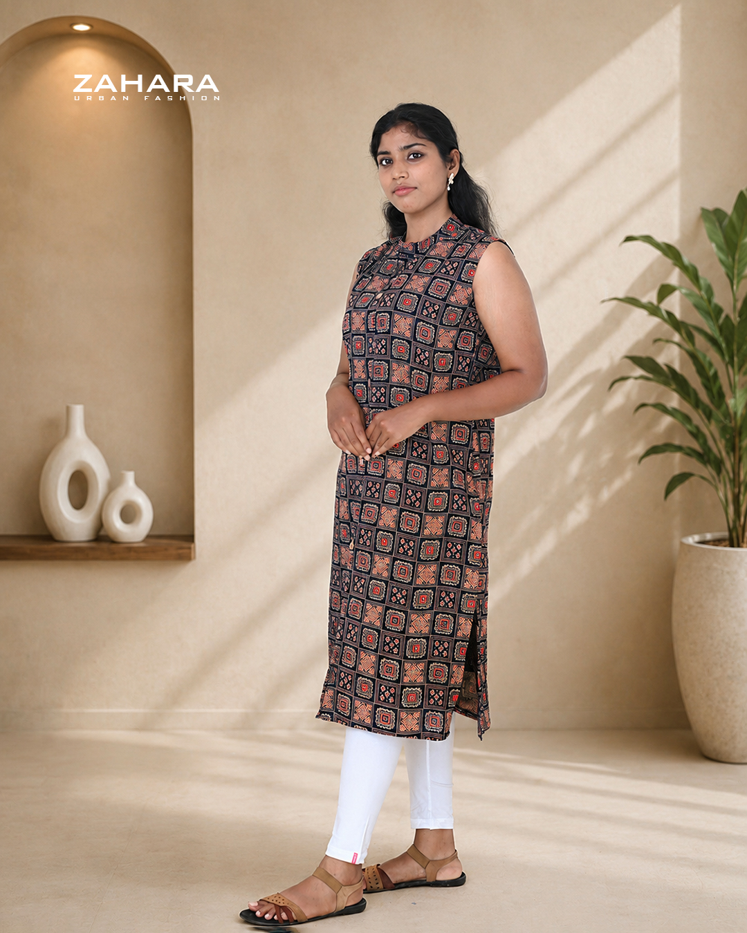 Midnight Mosaic Cotton A-Line Kurti