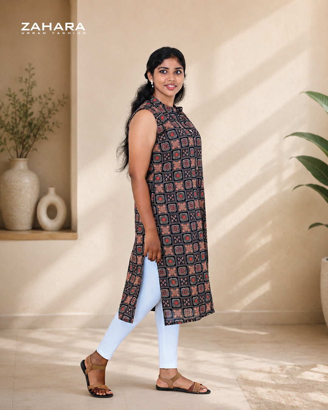 Midnight Mosaic Cotton A-Line Kurti