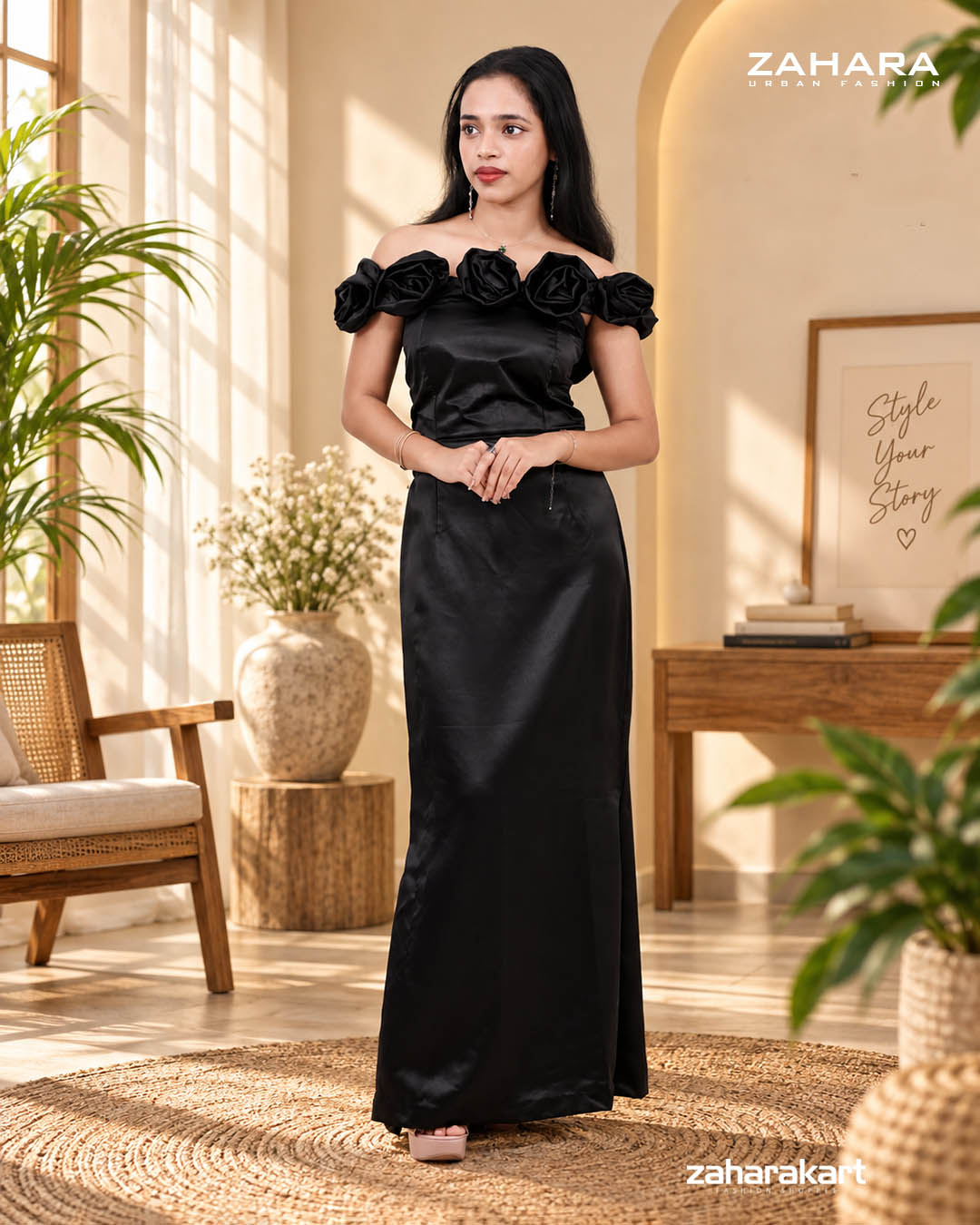 Women's Black Satin Off-Shoulder Gown  Rose Neckline